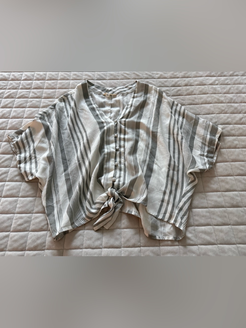 Striped Tie-Front Blouse in Gray and White